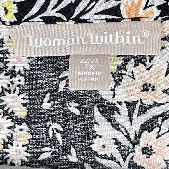 Woman Within Black Floral Print Button-Up Shirt Womens 3/4 Sleeve V-Neck Size 1X - Picture 9 of 15